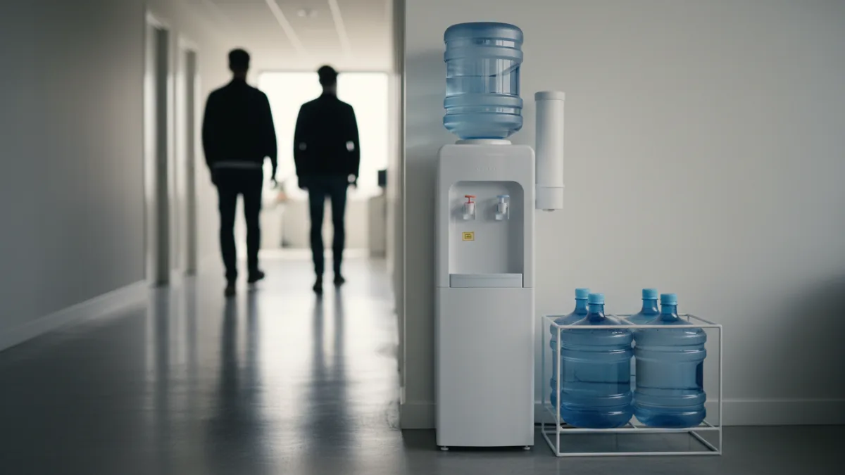 Illustration: Gallonen-Wasserspender mit Ersatzgallonen im Büroflur