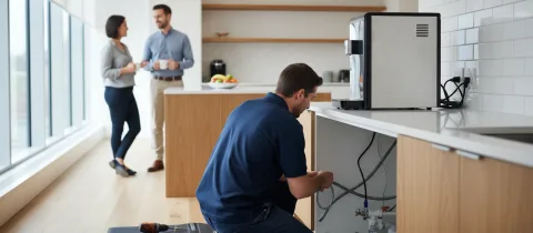 Illustration: Techniker installiert einen gemieteten Wasserspender im Büro