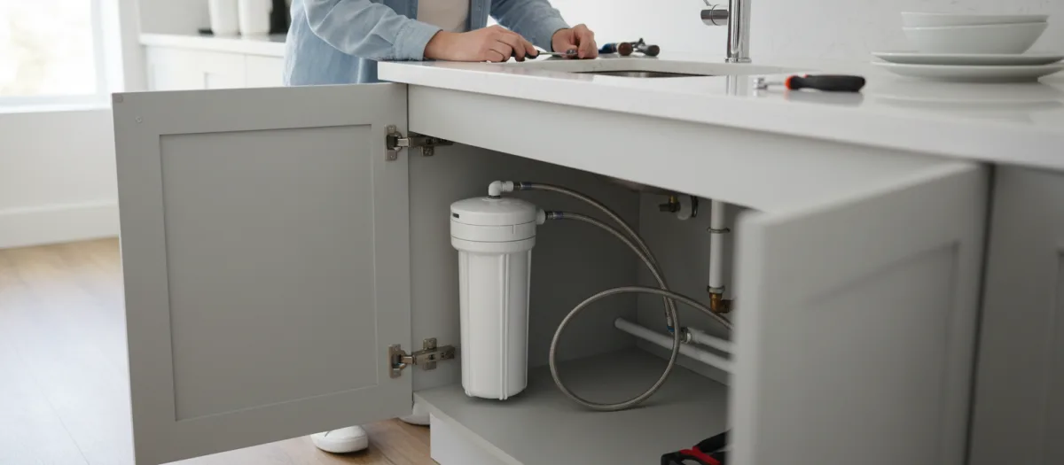 Illustration: Untertisch-Wasserspender mit Filter und Zapfstelle