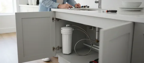 Illustration: Untertisch-Wasserspender mit Filter und Zapfstelle