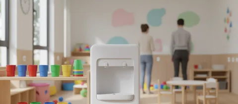 Illustration: Niedriger weißer Wasserspender mit verdecktem Auslauf in einem Kita-Gruppenraum, bunte Kinderbecher auf einem Regal