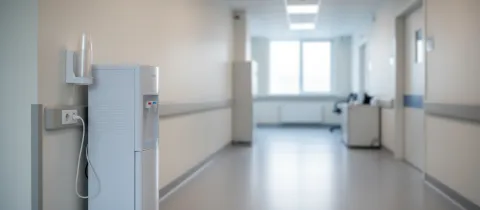 Illustration: Weißer leitungsgebundener Wasserspender mit verdecktem Auslauf und Becherspender im Flur einer Klinik
