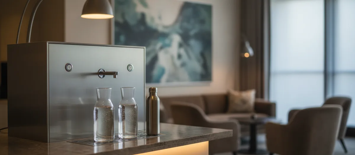Illustration: Wasserstation in einer Hotellobby mit Zapfhahn für stilles und sprudelndes Wasser, Glaskaraffen und Trinkflasche