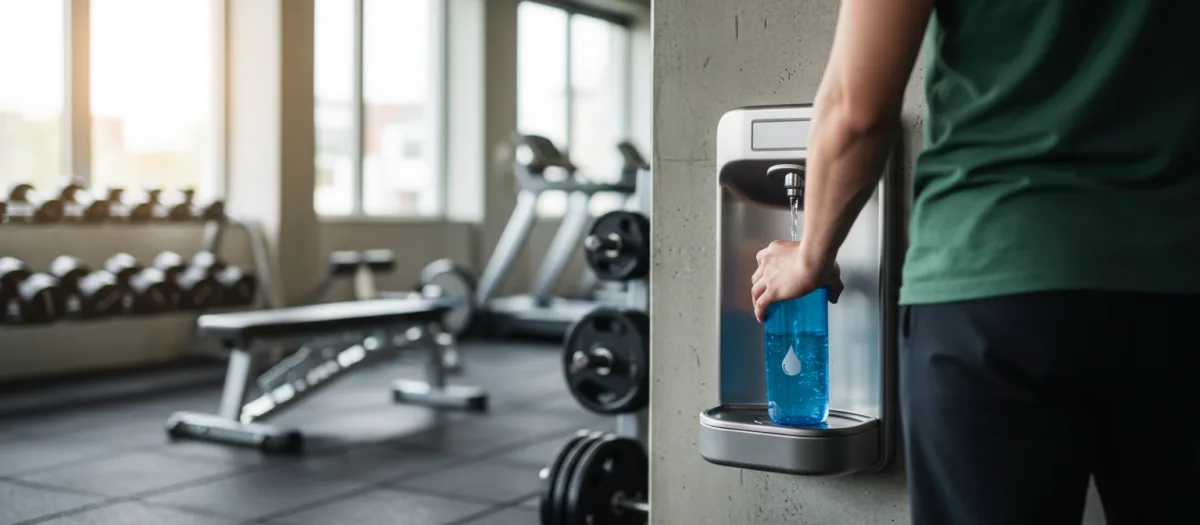 Illustration: Flaschenfüllstation aus Edelstahl an der Wand eines Fitnessstudios, eine Sportflasche wird befüllt, Geräte im Hintergrund