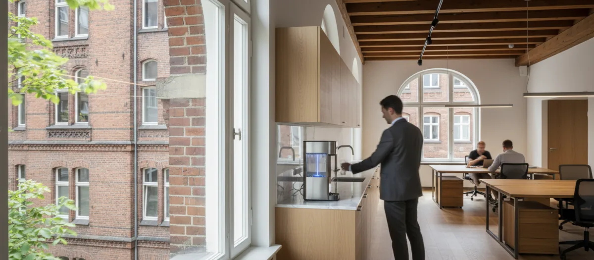 Illustration: Wasserspender in einem Hamburger Kontorhaus-Büro