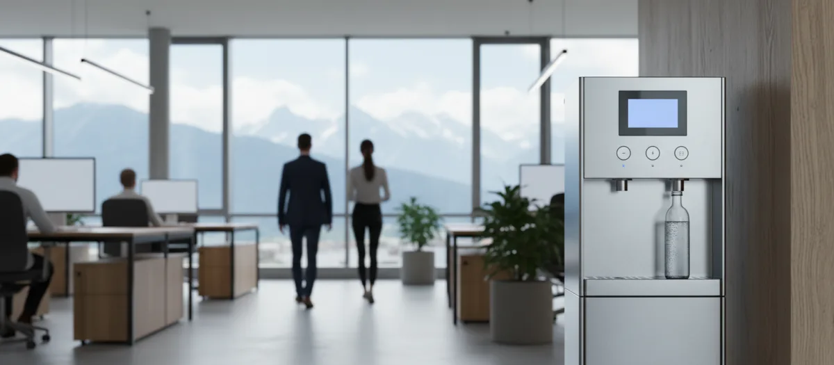 Illustration: Leitungsgebundener Edelstahl-Wasserspender mit Sprudelfunktion in einem Münchner Büro, im Hintergrund die Alpen