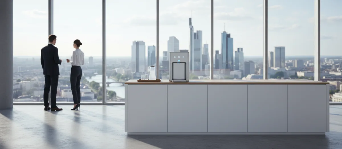 Illustration: Schlanker Wasserspender in der Teeküche eines Frankfurter Hochhausbüros mit Blick auf die Skyline