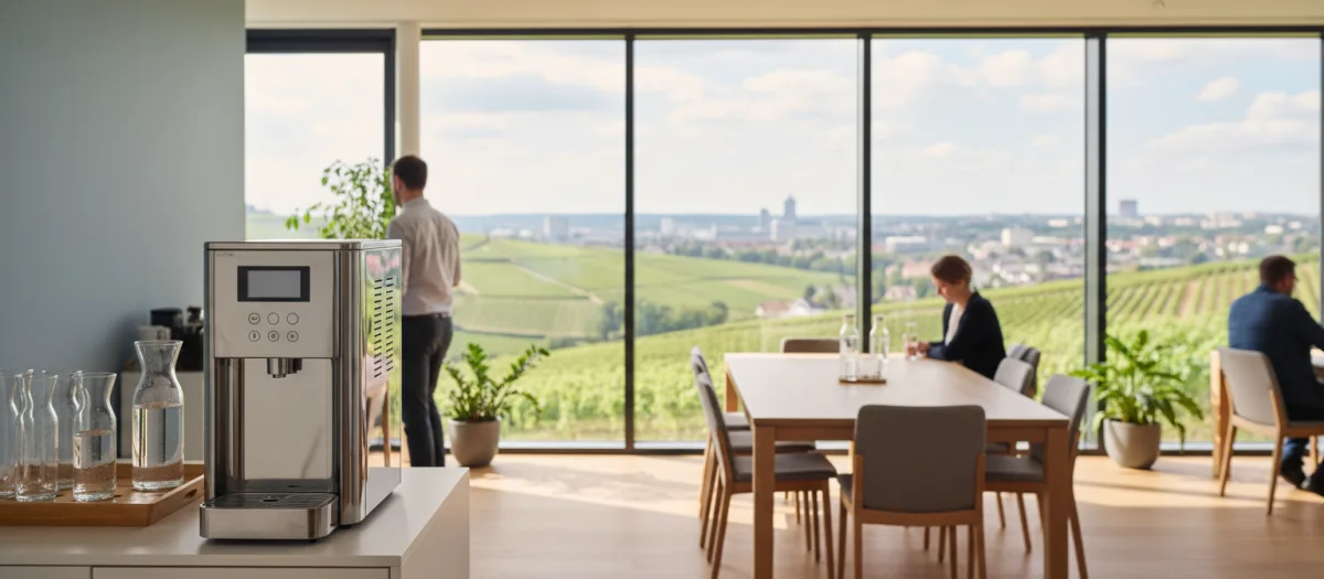 Illustration: Moderner Wasserspender im hellen Pausenraum eines Stuttgarter Büros mit Blick auf die Weinberge