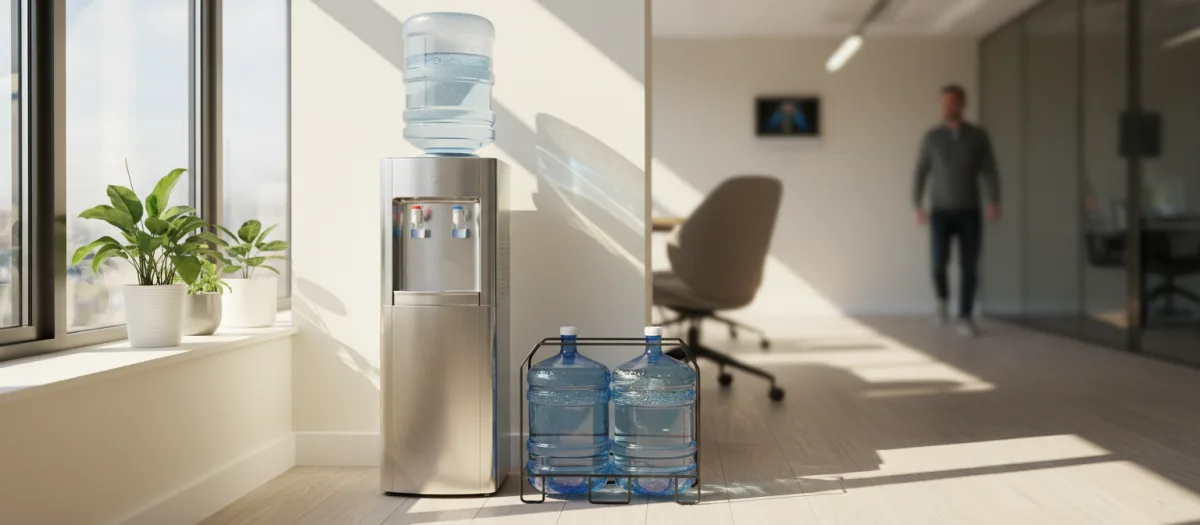 Illustration: Gallonen-Wasserspender mit Ersatzflaschen im Büro