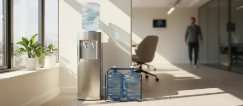 Illustration: Gallonen-Wasserspender mit Ersatzflaschen im Büro
