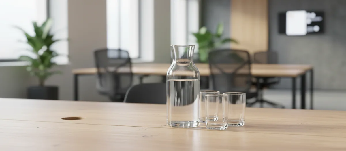 Illustration: Glaskaraffe mit stillem Wasser und zwei Gläser auf einem hellen Holztisch in einem Besprechungsraum mit Tageslicht